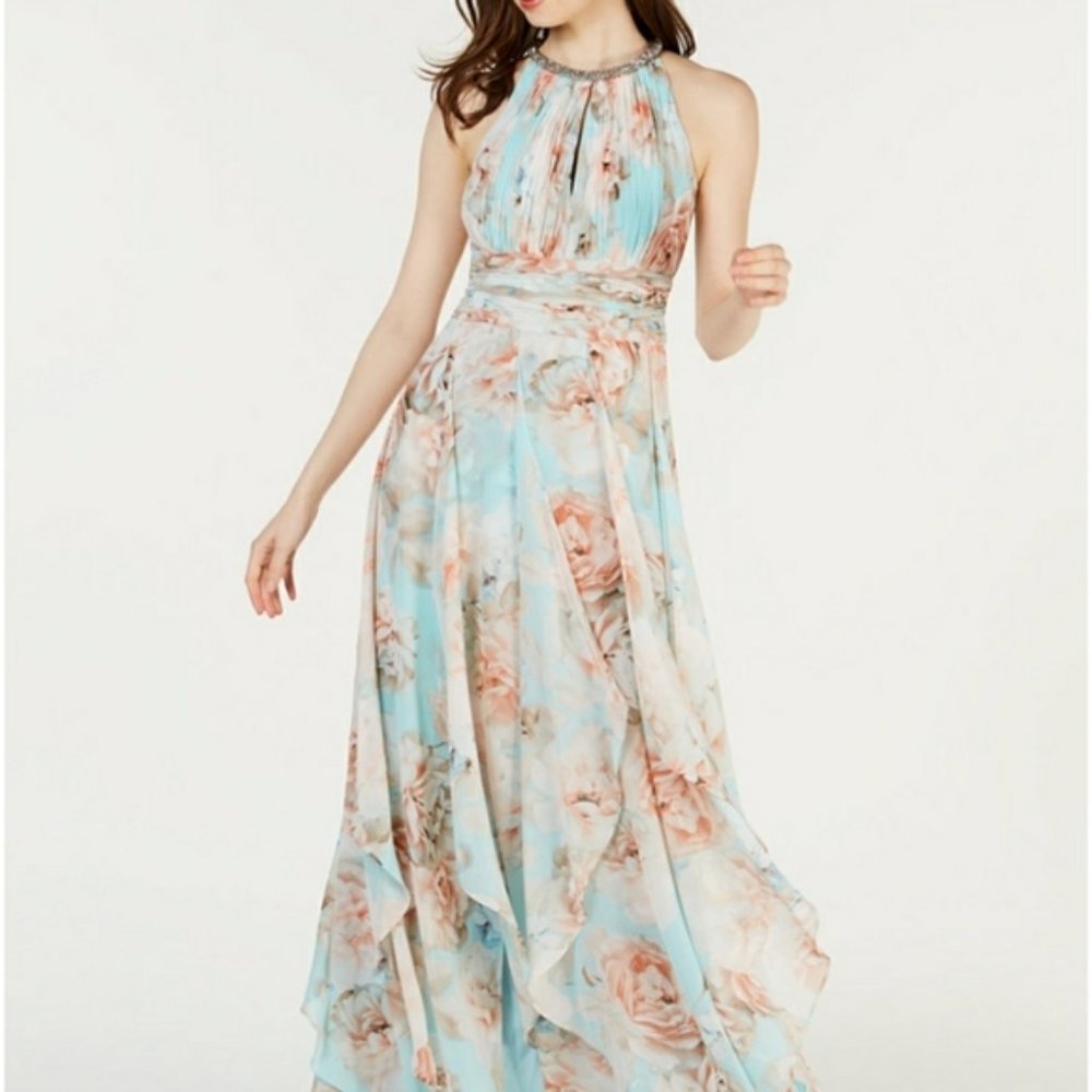 Calvin Klein Embellished Tiered Halter Gown